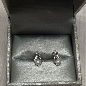 10k Gold  & 9.25 Silver Pearl and Diamond Earrings